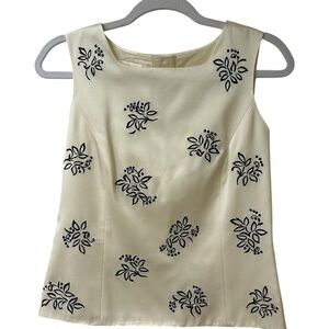 Talbots Cream Silk Top with Black Floral Embroidery size 4